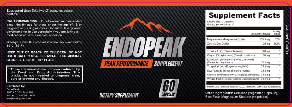 Endopeak male enhancement supplement bottle in matte black, showing the full wrap-around label design. The center features the orange mountain peak logo and bold silver product branding. The left side displays the suggested use, cautions, and manufacturing details, while the right side shows the full white 