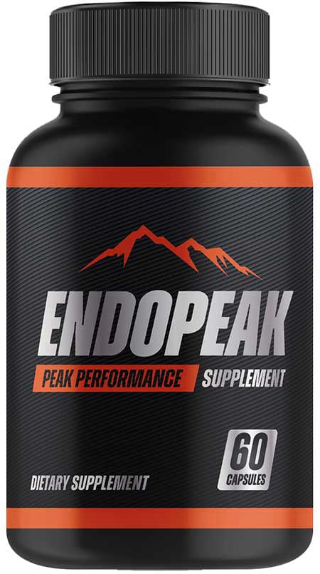 Endopeak supplement bottle mockup in matte black with a ribbed cap, featuring a sharp orange mountain peak logo, bold silver branding text, and an orange 