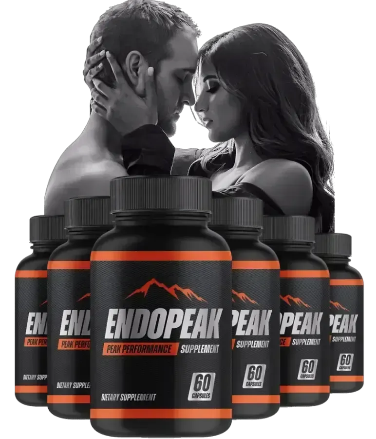Endopeak supplement bottle mockup in matte black with a ribbed cap, featuring a sharp orange mountain peak logo, bold silver branding text, and an orange 